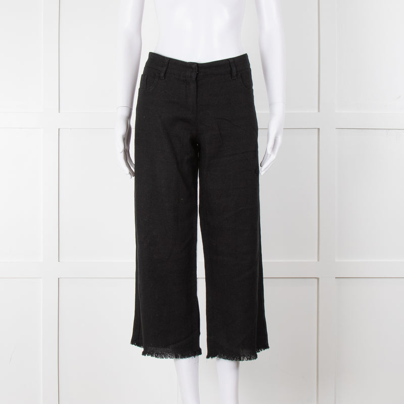 S Max Mara Black Linen Cotton Blend Frayed Hem Trousers