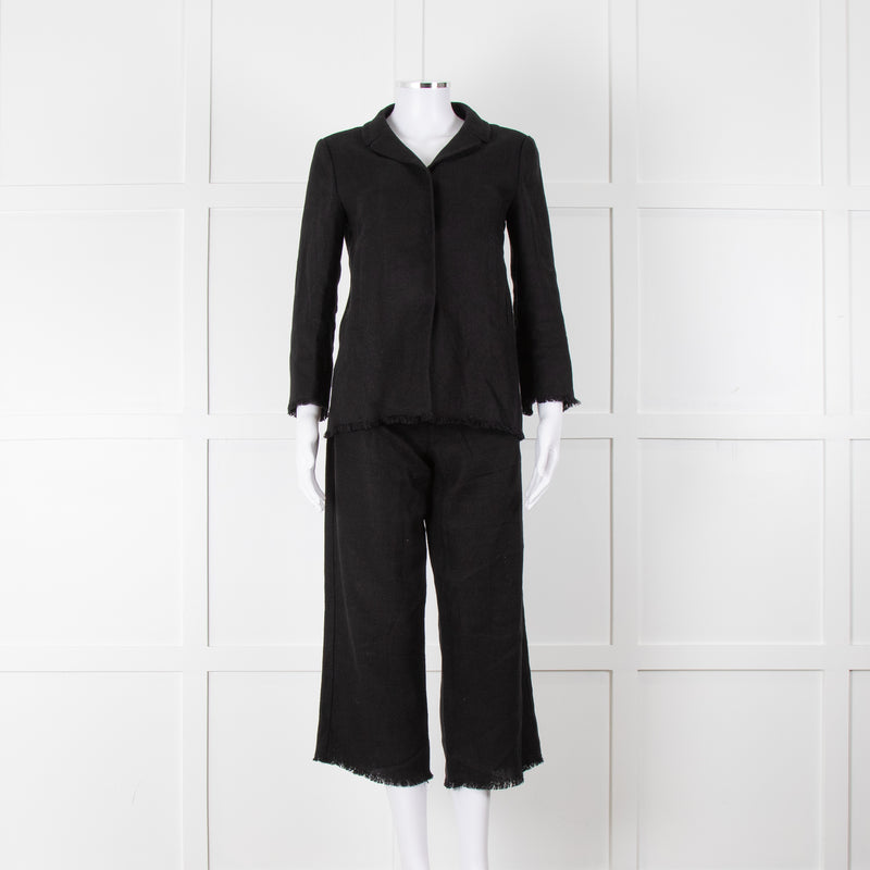 S Max Mara Black Linen Cotton Blend Frayed Edge Jacket