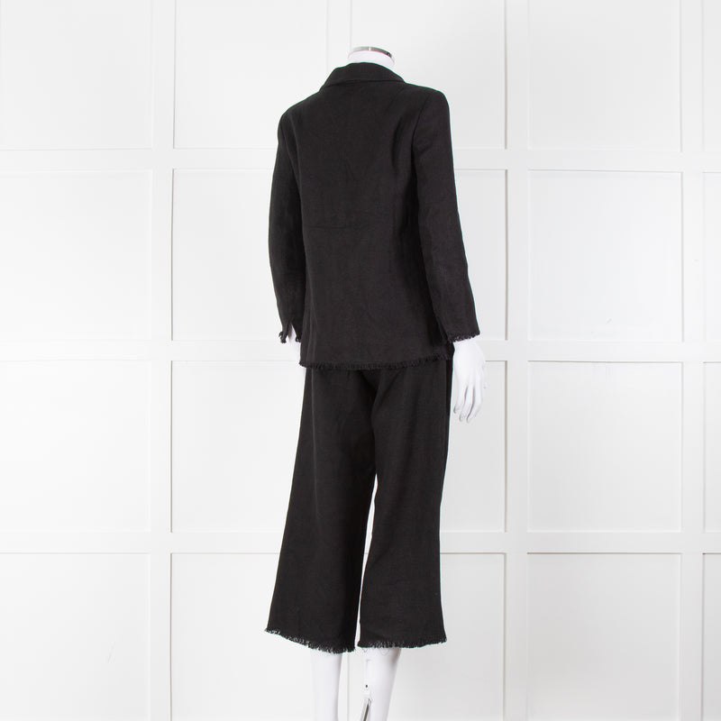 S Max Mara Black Linen Cotton Blend Frayed Edge Jacket