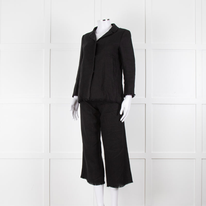 S Max Mara Black Linen Cotton Blend Frayed Edge Jacket