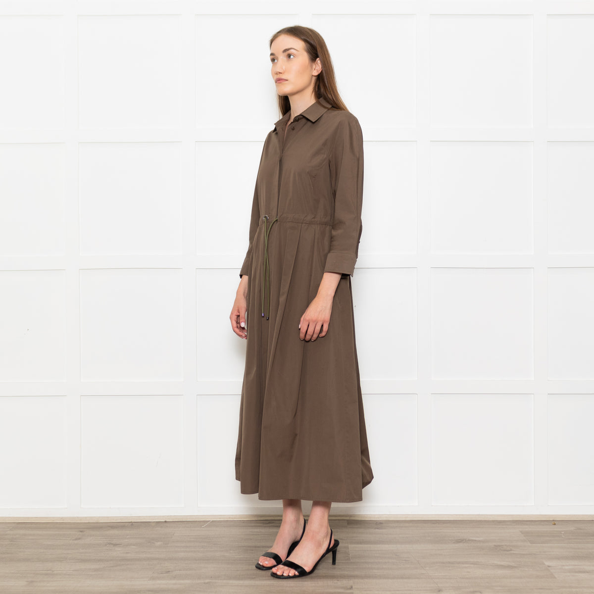 Max Mara Khaki Drawstring Waist Shirt Dress