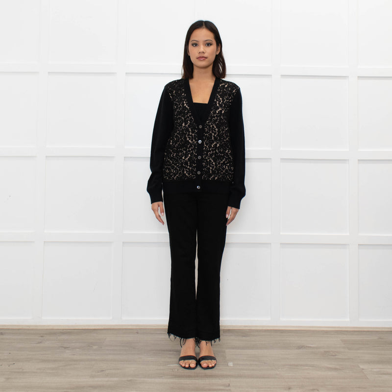 Michael Kors Black Cashmere Cardigan With Lace And Nude Front