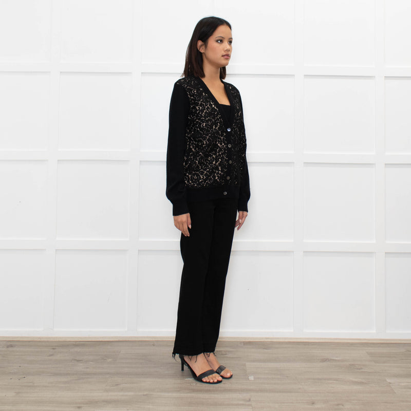Michael Kors Black Cashmere Cardigan With Lace And Nude Front