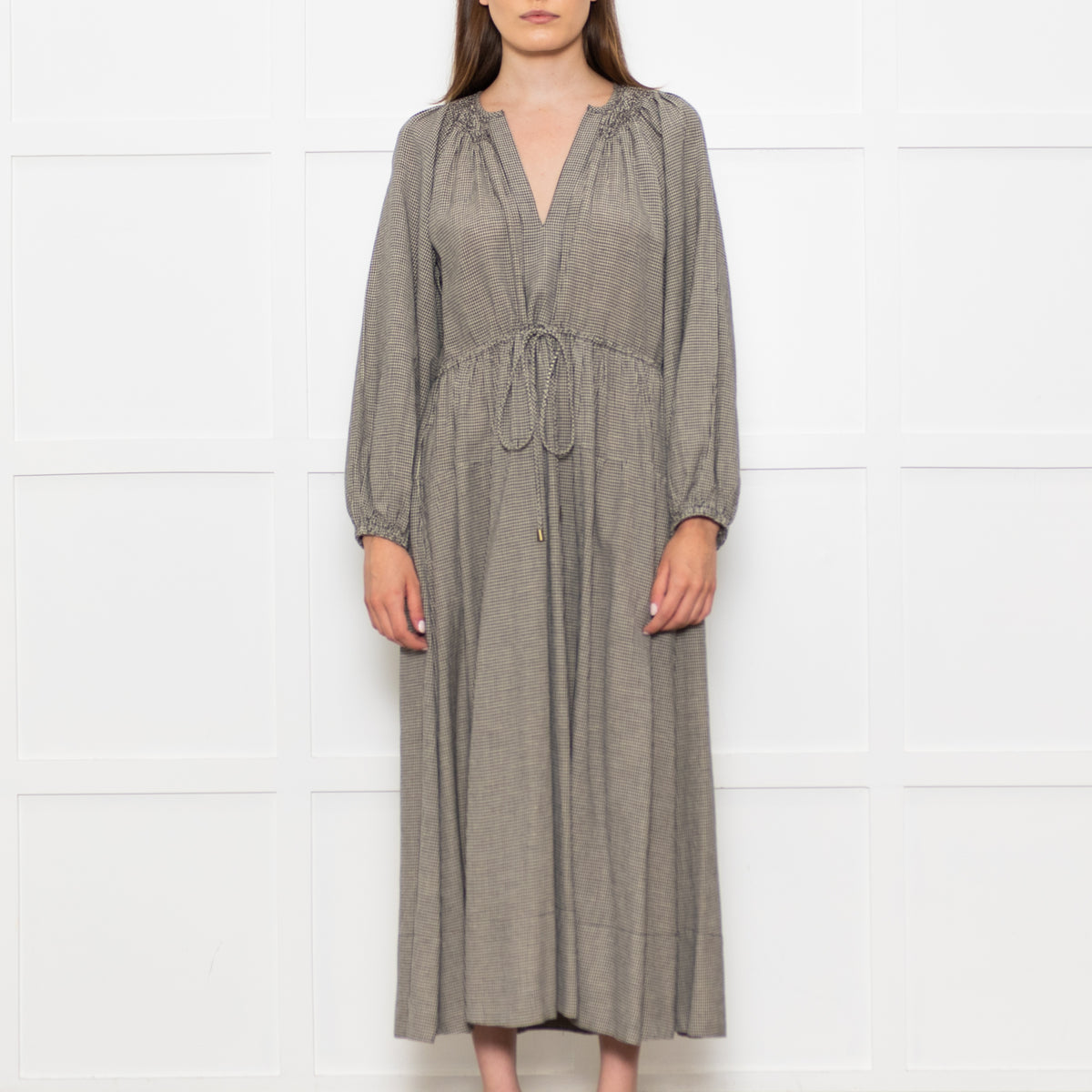 Mondo Corsini Beige and Black Micro Check Midi Dress