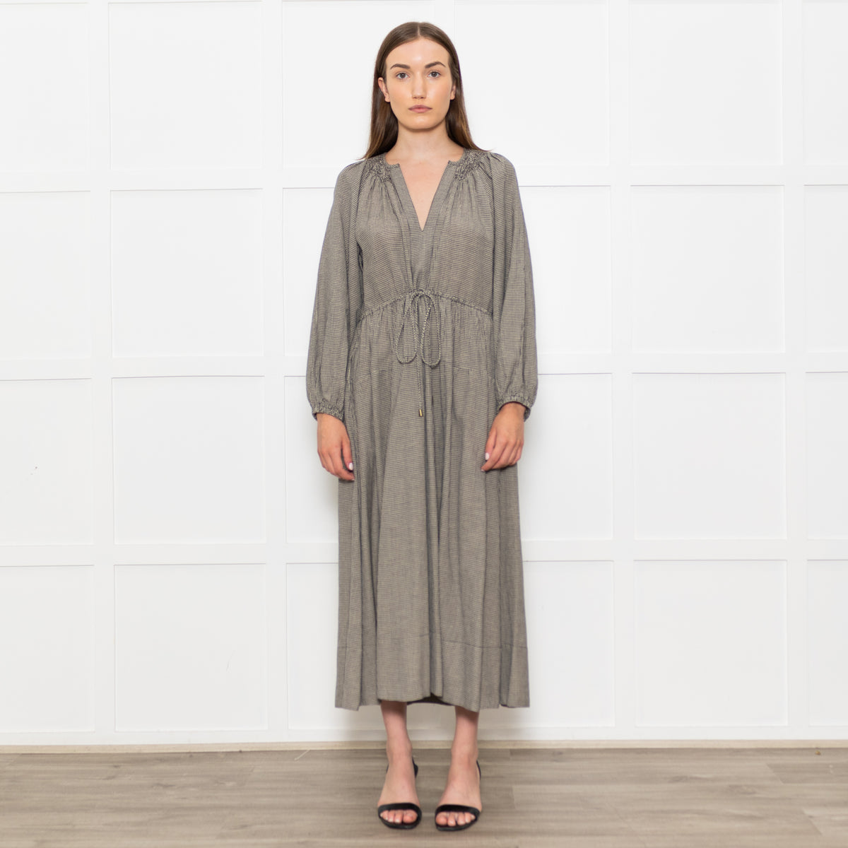 Mondo Corsini Beige and Black Micro Check Midi Dress