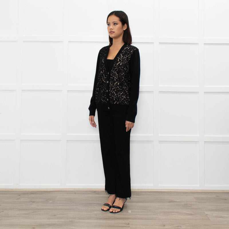 Michael Kors Black Cashmere Cardigan With Lace And Nude Front