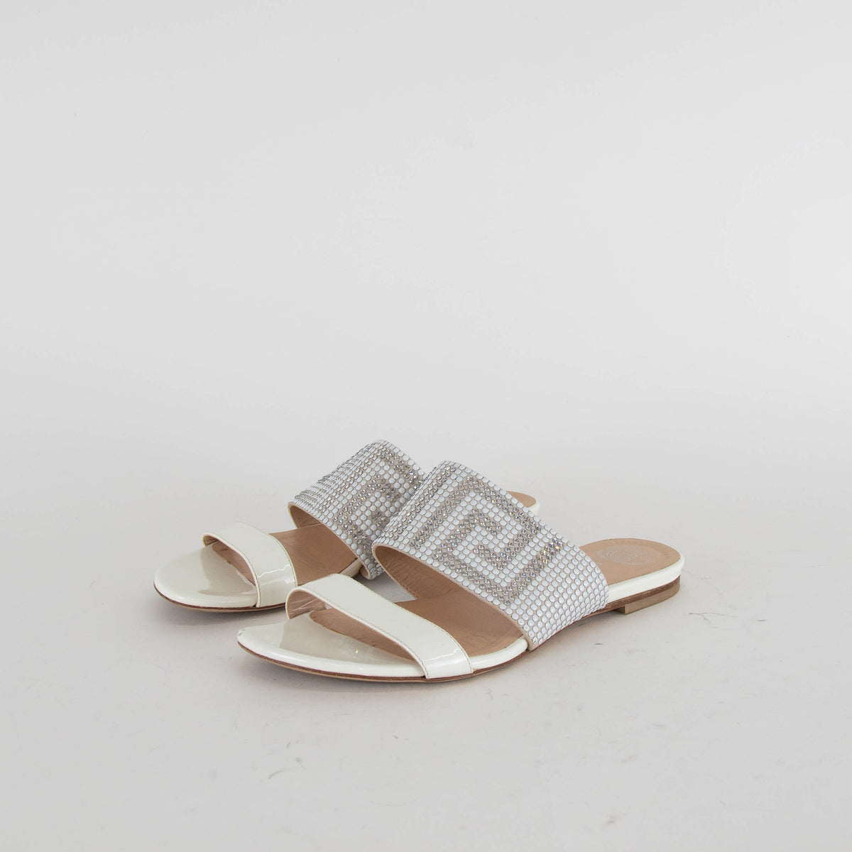 Versace White Patent Diamante Flat Sandals