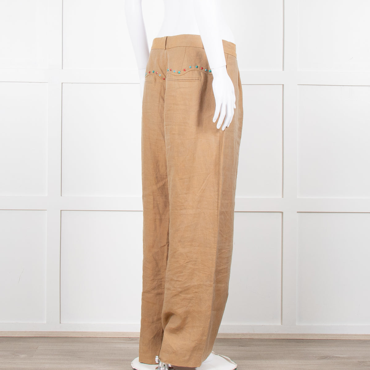 Mes Demoiselles Khaki Woven Straight Fit Trousers with Crystal Studs