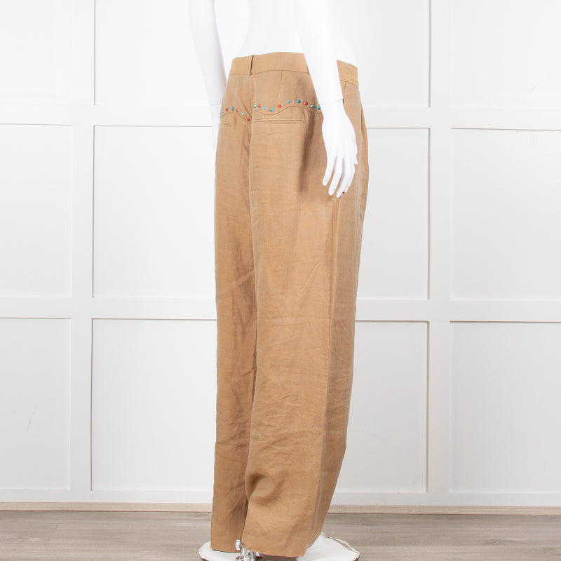 Mes Demoiselles Khaki Woven Straight Fit Trousers with Crystal Studs