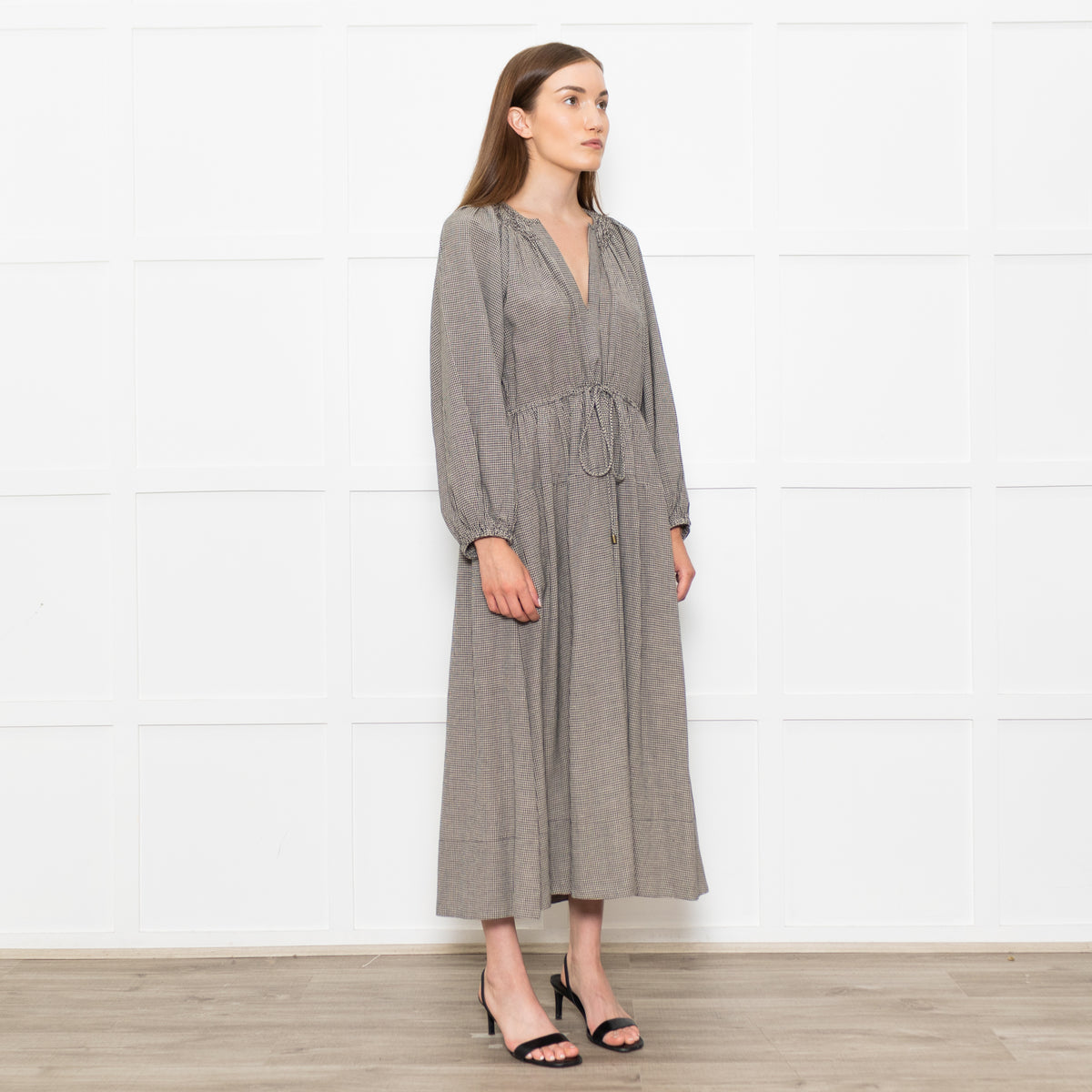 Mondo Corsini Beige and Black Micro Check Midi Dress