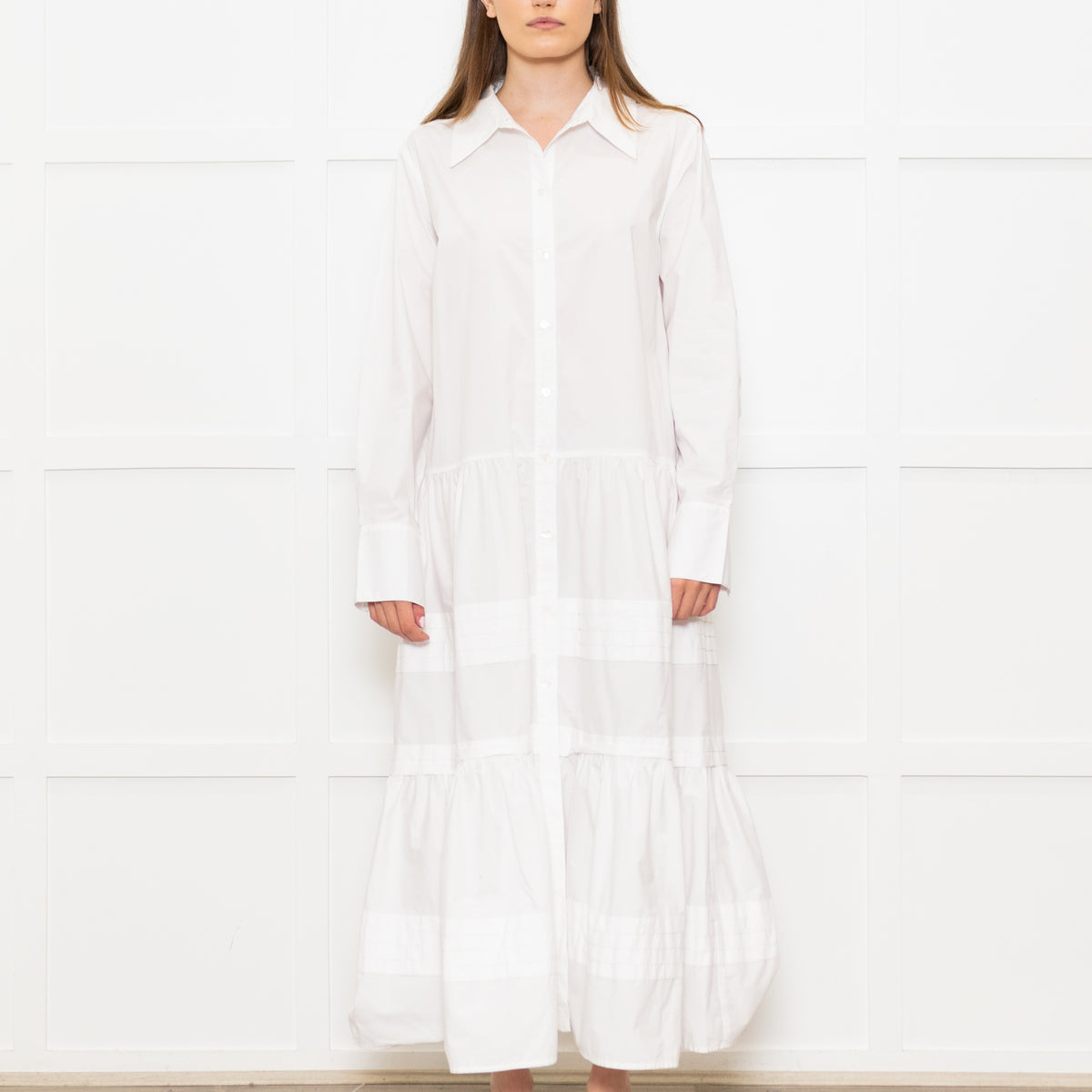Sea New York White Cotton Tiered Shirt Dress