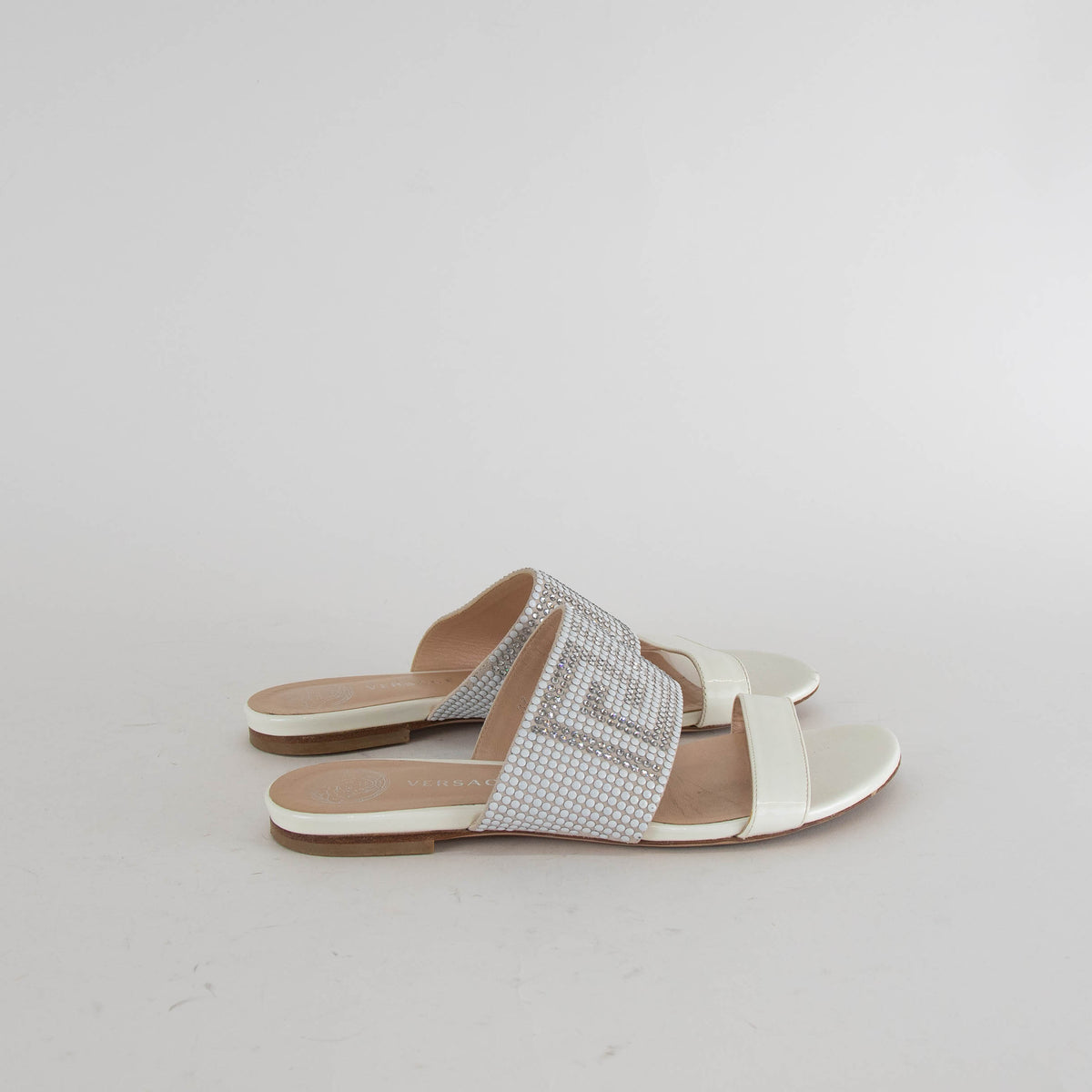 Versace White Patent Diamante Flat Sandals