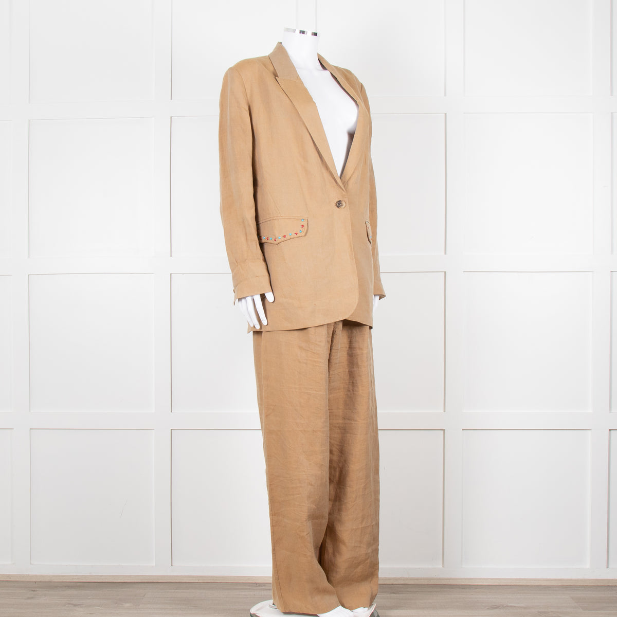 Mes Demoiselles Khaki Woven Straight Fit Blazer with Crystal Studs