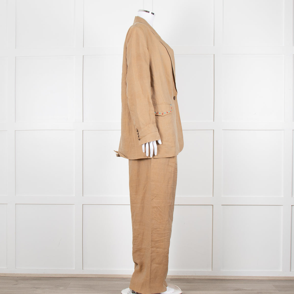 Mes Demoiselles Khaki Woven Straight Fit Blazer with Crystal Studs