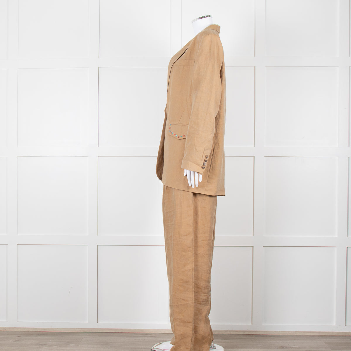 Mes Demoiselles Khaki Woven Straight Fit Blazer with Crystal Studs