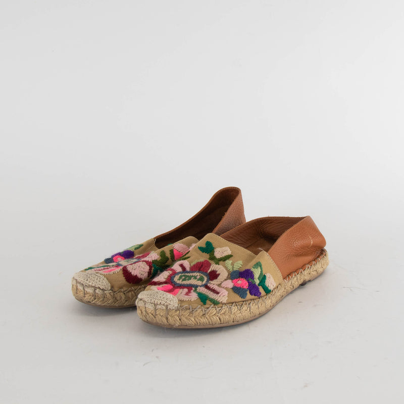Valentino Tan Multi Embroidery Toe Flat Espadrilles
