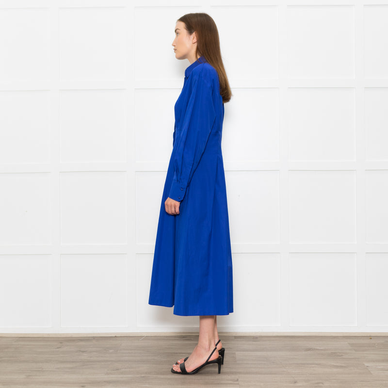 Max Mara Electric Blue Pintuck Waist Shirt Dress