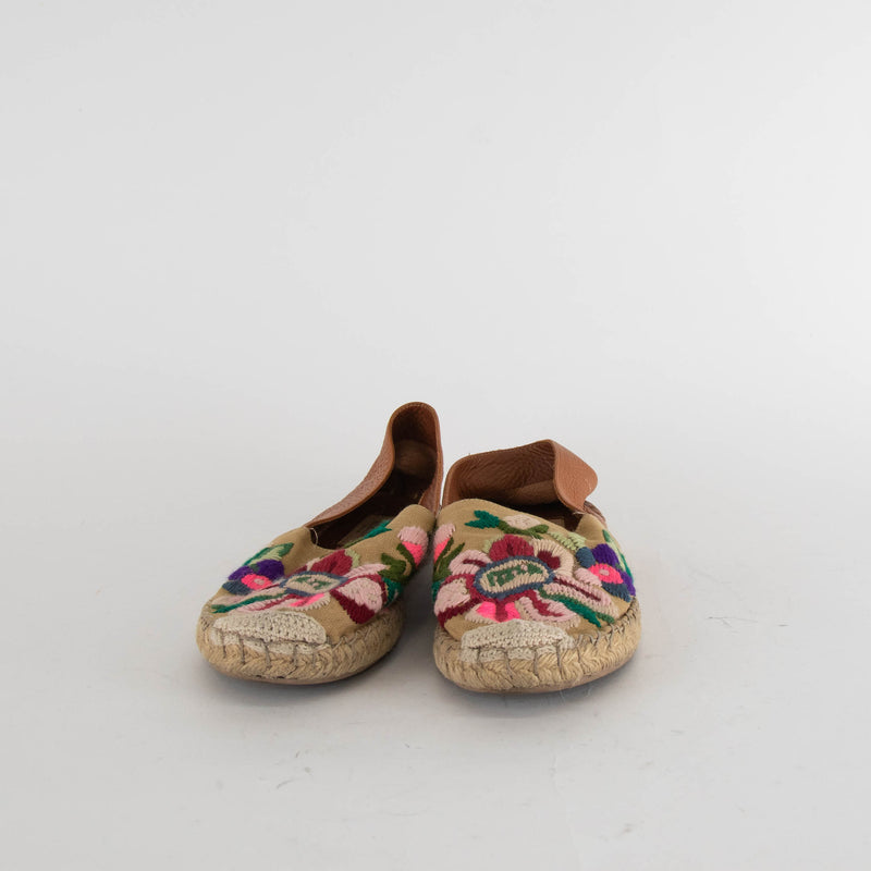 Valentino Tan Multi Embroidery Toe Flat Espadrilles