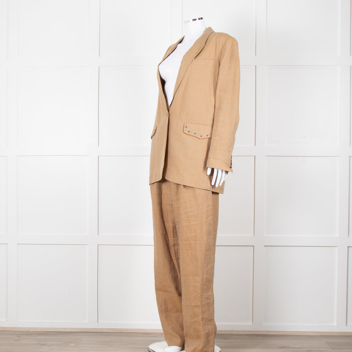 Mes Demoiselles Khaki Woven Straight Fit Blazer with Crystal Studs