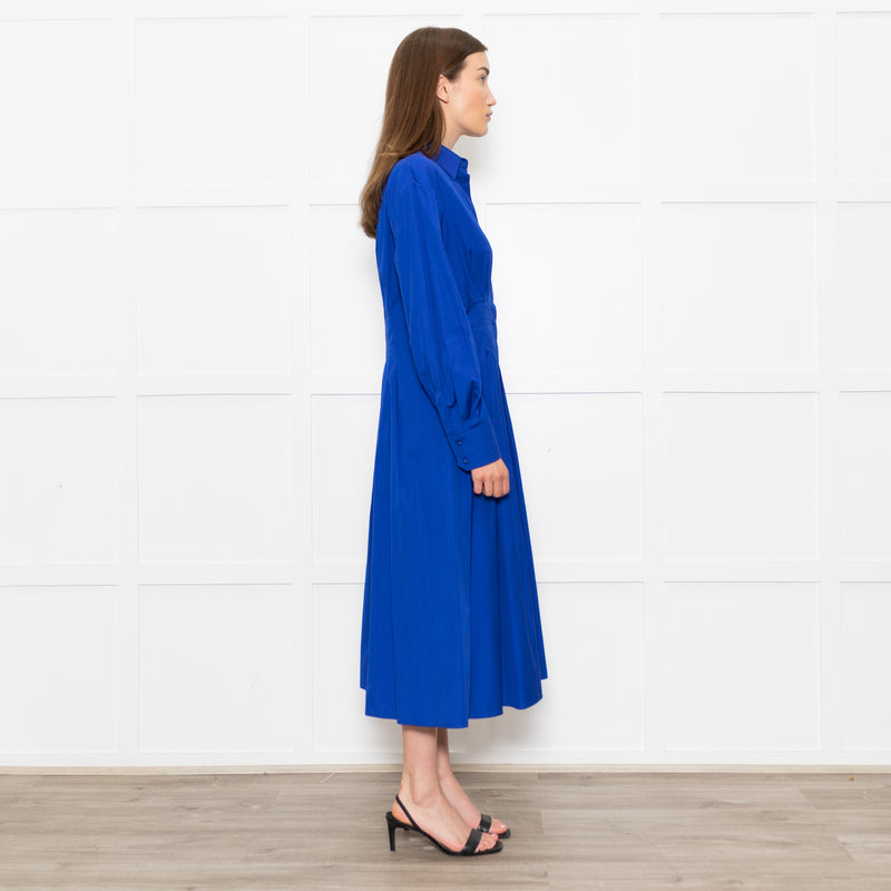 Max Mara Electric Blue Pintuck Waist Shirt Dress