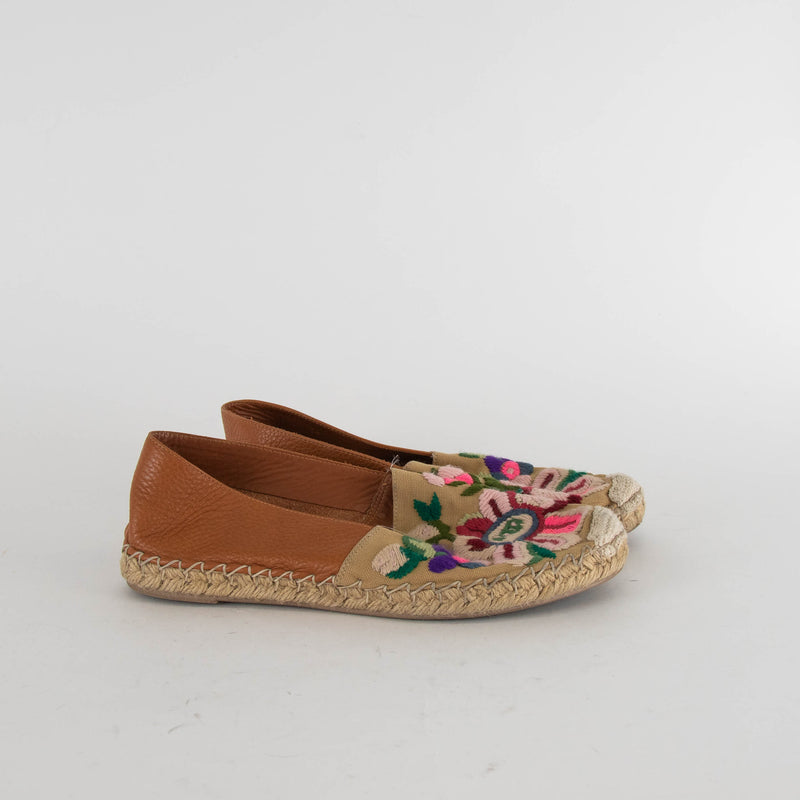 Valentino Tan Multi Embroidery Toe Flat Espadrilles