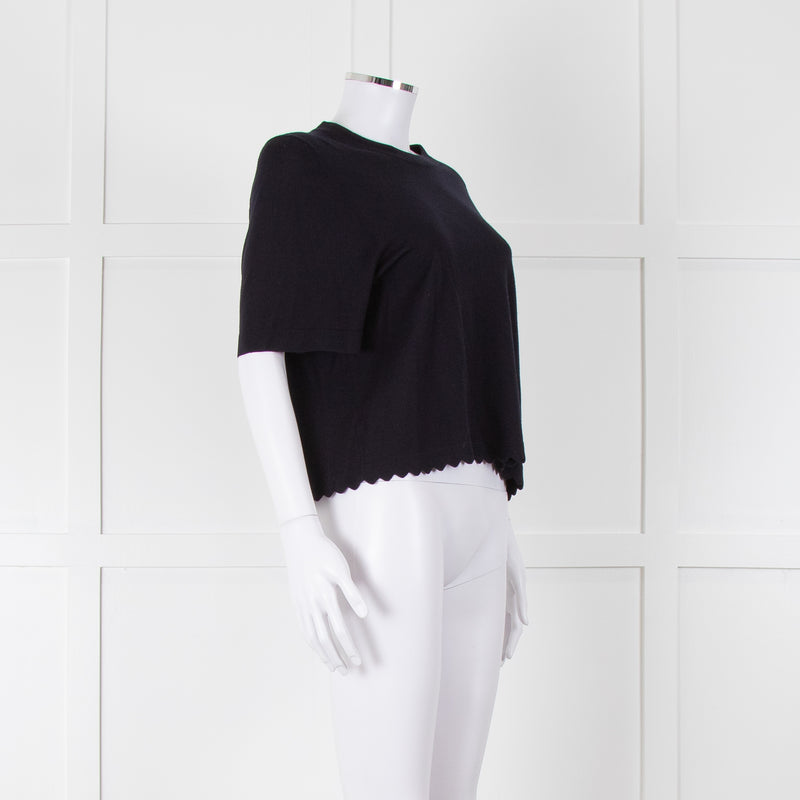 Allude Navy Fine Knit Short Sleeve Scallop Hem Top