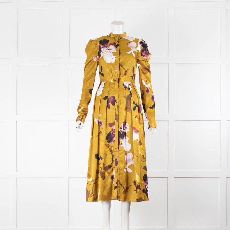 Erdem Long Sleeve Gold Button Front Dress With Flowers