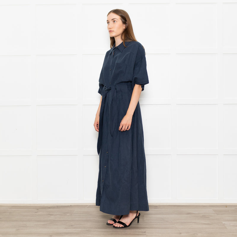 Mara Hoffman Dark Blue Short Sleeve Tie Waist Shirt Dress
