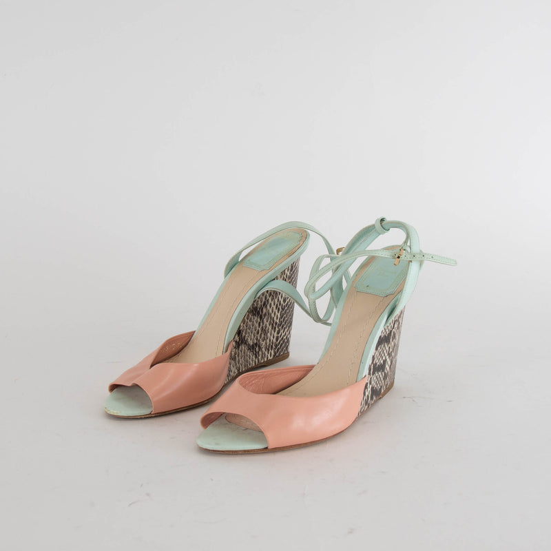 Christian Dior Peach Blue Snake Skin Wedge Sandals