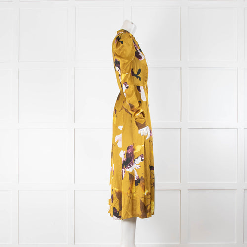 Erdem Long Sleeve Gold Button Front Dress With Flowers