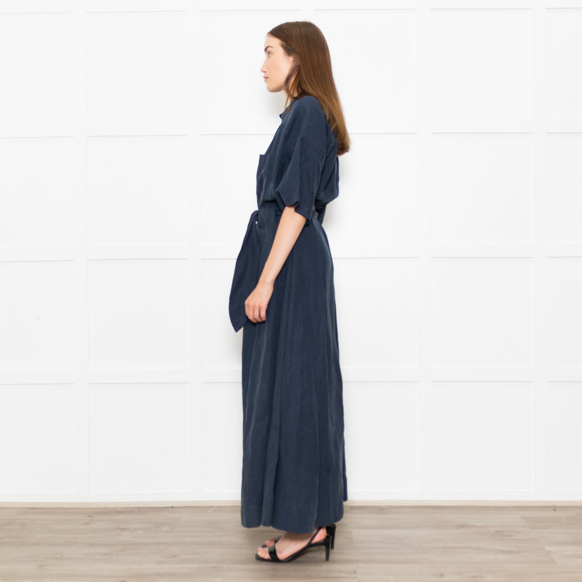 Mara Hoffman Dark Blue Short Sleeve Tie Waist Shirt Dress