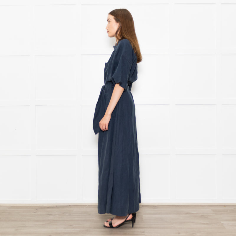 Mara Hoffman Dark Blue Short Sleeve Tie Waist Shirt Dress