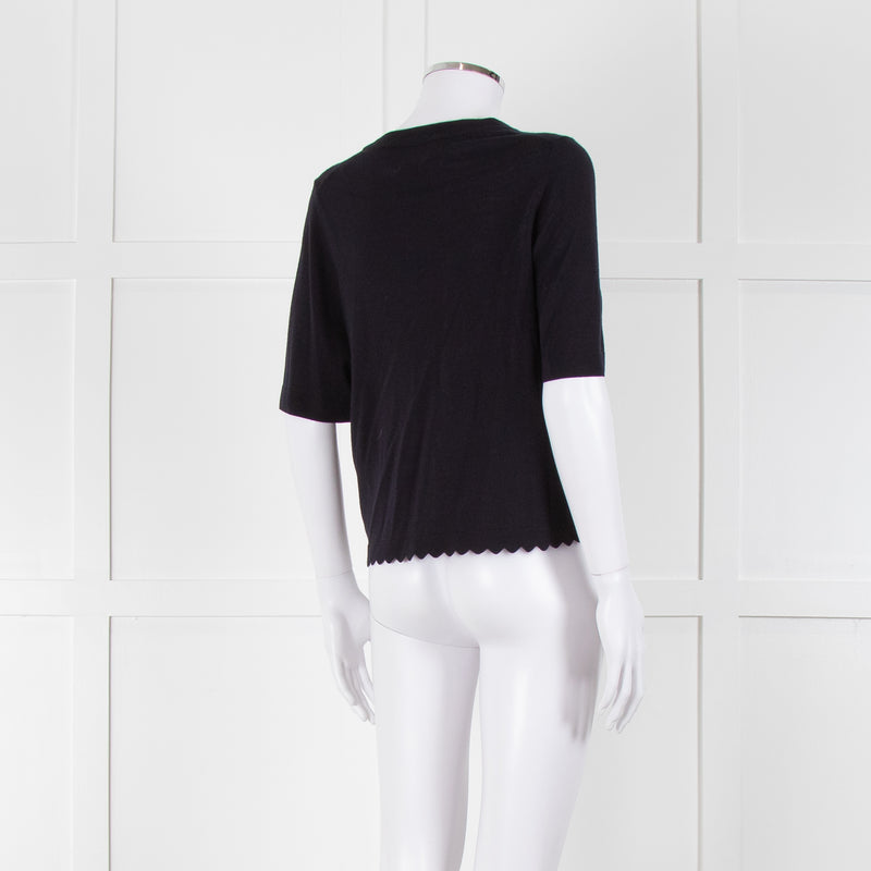Allude Navy Fine Knit Short Sleeve Scallop Hem Top