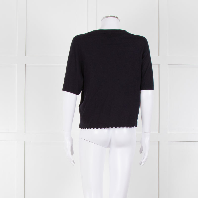 Allude Navy Fine Knit Short Sleeve Scallop Hem Top