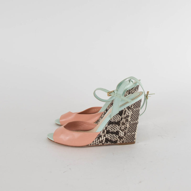 Christian Dior Peach Blue Snake Skin Wedge Sandals
