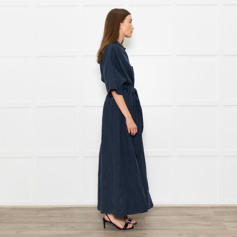 Mara Hoffman Dark Blue Short Sleeve Tie Waist Shirt Dress