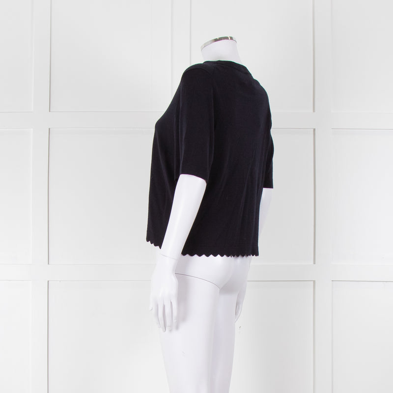 Allude Navy Fine Knit Short Sleeve Scallop Hem Top