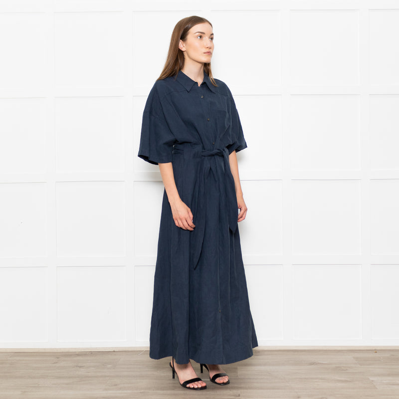 Mara Hoffman Dark Blue Short Sleeve Tie Waist Shirt Dress