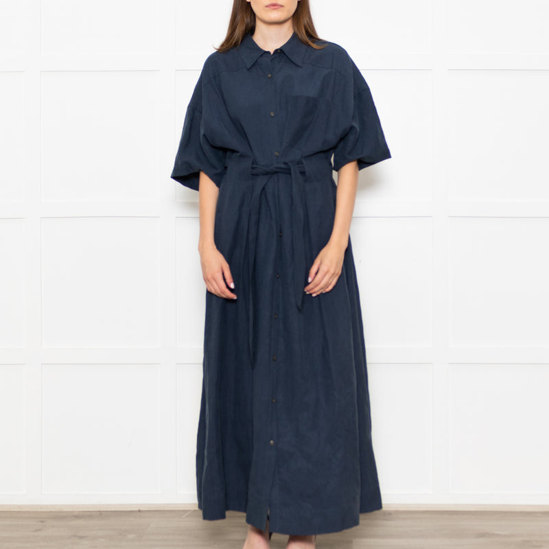 Mara Hoffman Dark Blue Short Sleeve Tie Waist Shirt Dress