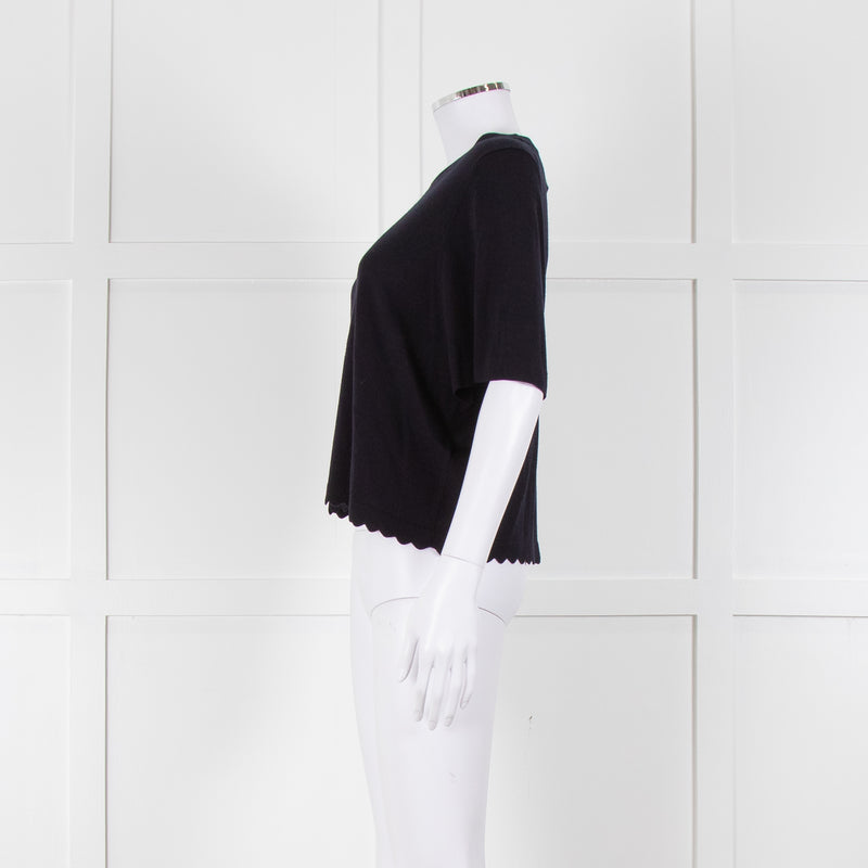 Allude Navy Fine Knit Short Sleeve Scallop Hem Top