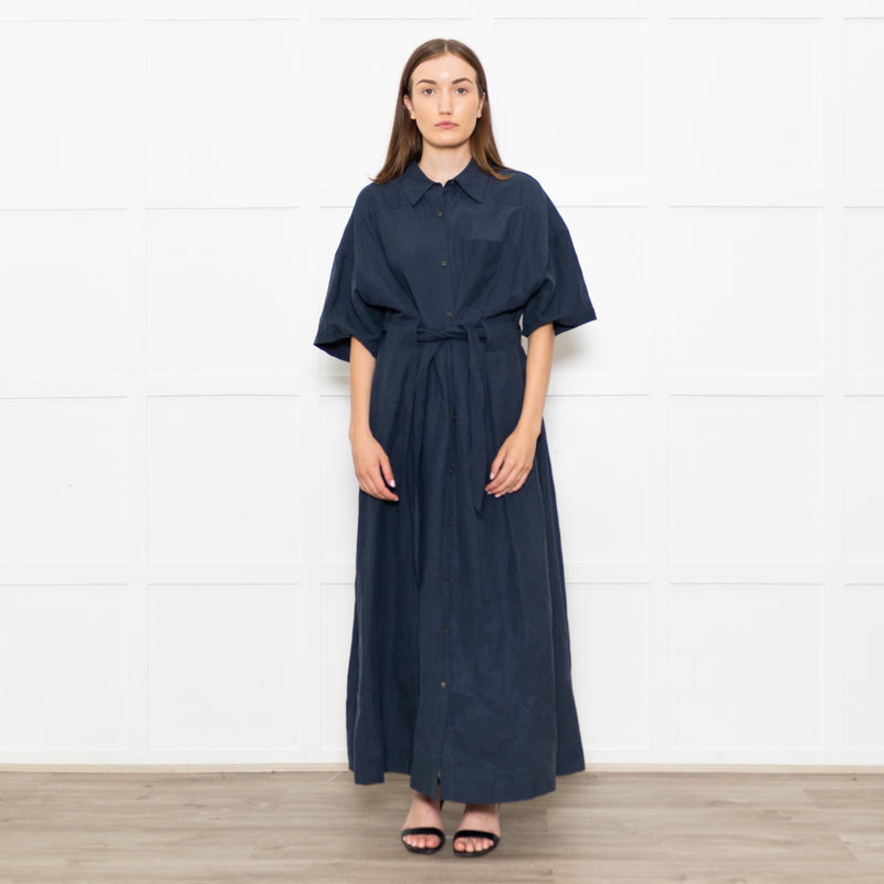 Mara Hoffman Dark Blue Short Sleeve Tie Waist Shirt Dress