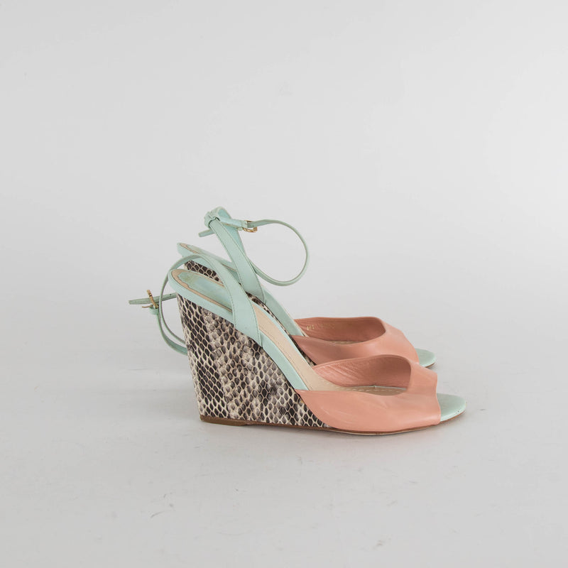 Christian Dior Peach Blue Snake Skin Wedge Sandals