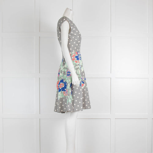 Prada Grey White Dots Floral Sleeveless Silk Dress