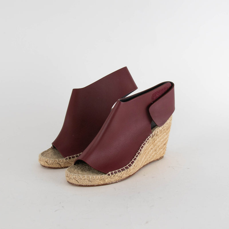 Celine Burgundy Leather Open Toe Wedge Espadrilles