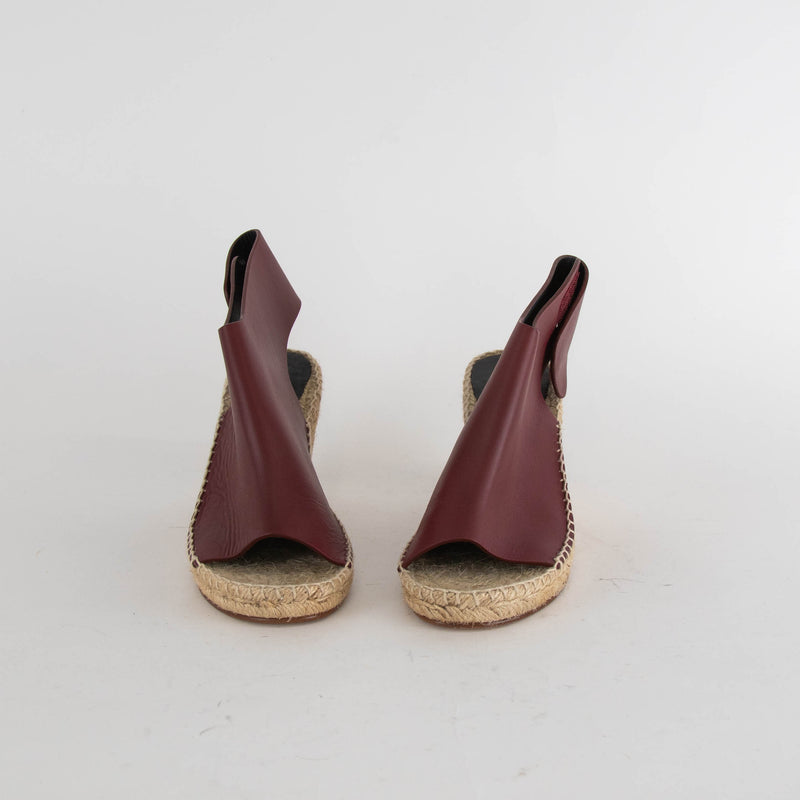 Celine Burgundy Leather Open Toe Wedge Espadrilles