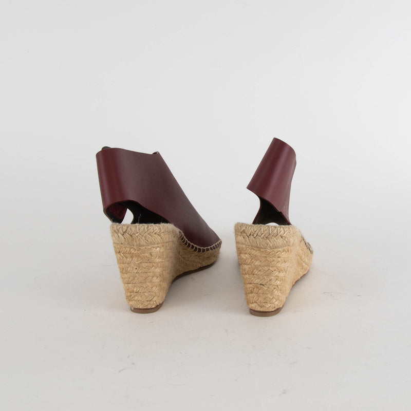 Celine Burgundy Leather Open Toe Wedge Espadrilles