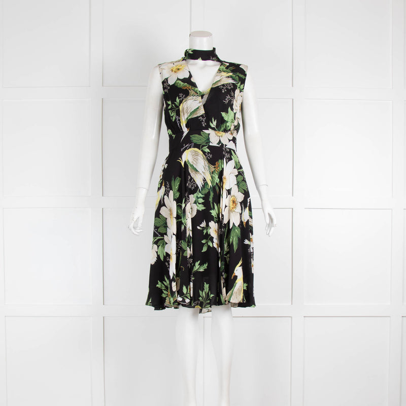 Carolina Herrera Black Green Floral Tie Neck Sleeveless Dress