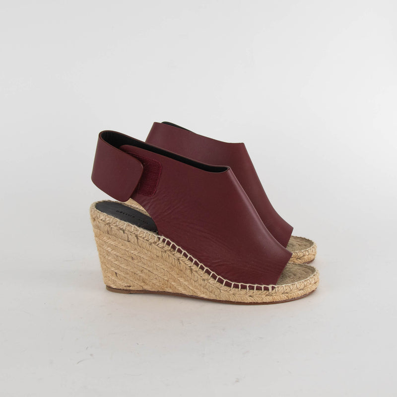 Celine Burgundy Leather Open Toe Wedge Espadrilles