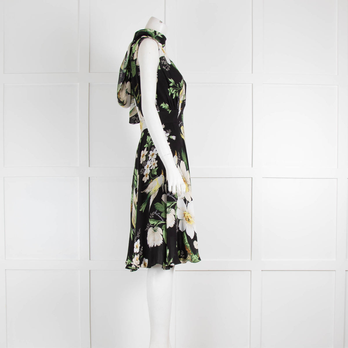 Carolina Herrera Black Green Floral Tie Neck Sleeveless Dress