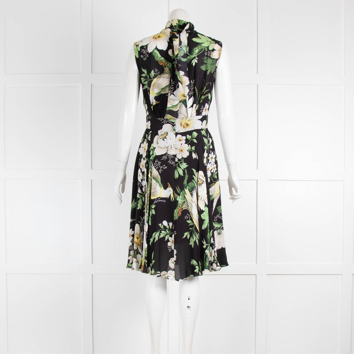 Carolina Herrera Black Green Floral Tie Neck Sleeveless Dress